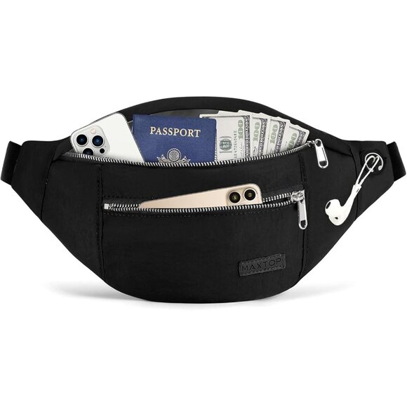 Women Men Black Washed Nylon With Silver Metal Zipper Hands-Free Waist Pack - Picture 1 of 6